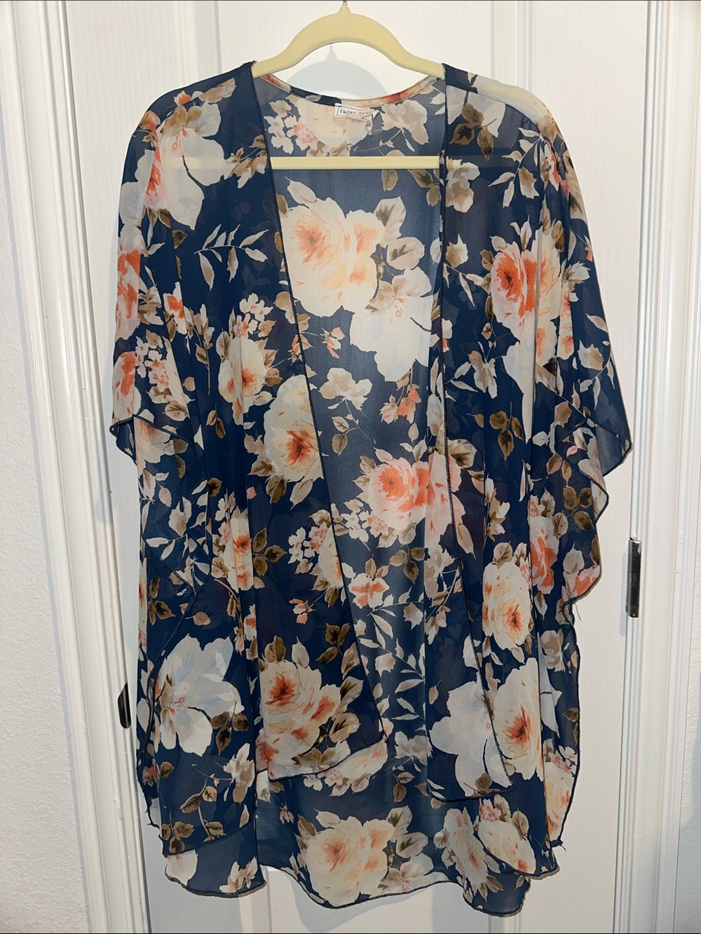 Emory Park Navy Floral Sheer Drape Kimono with Peach and Cream Blooms